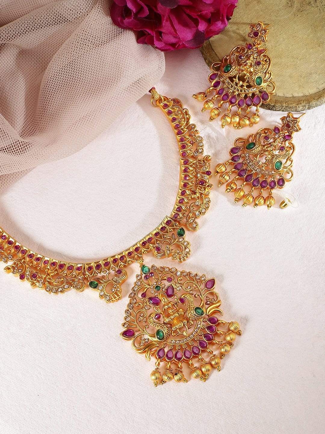 

Rubans Gold-Plated Pink & Green Stone-Studded Beaded Handcrafted Temple Jewellery Set