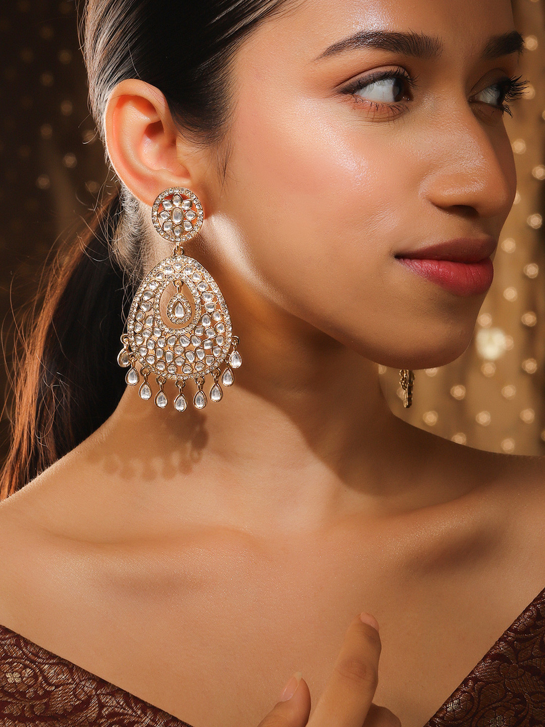 

Rubans 22K Gold-Plated Kundan Studded Handcrafted Chandelier Earrings with Kundan Droplets