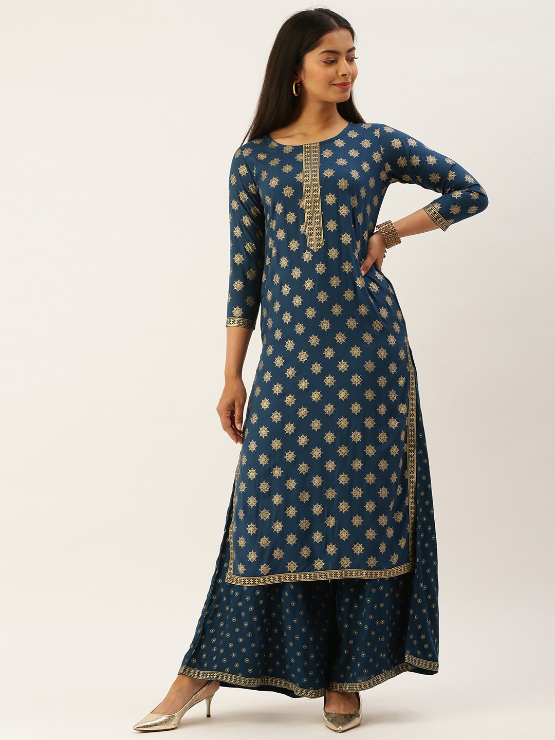 

SANISA Women Teal Blue & Golden Handloom Foil Print Kurta with Palazzos