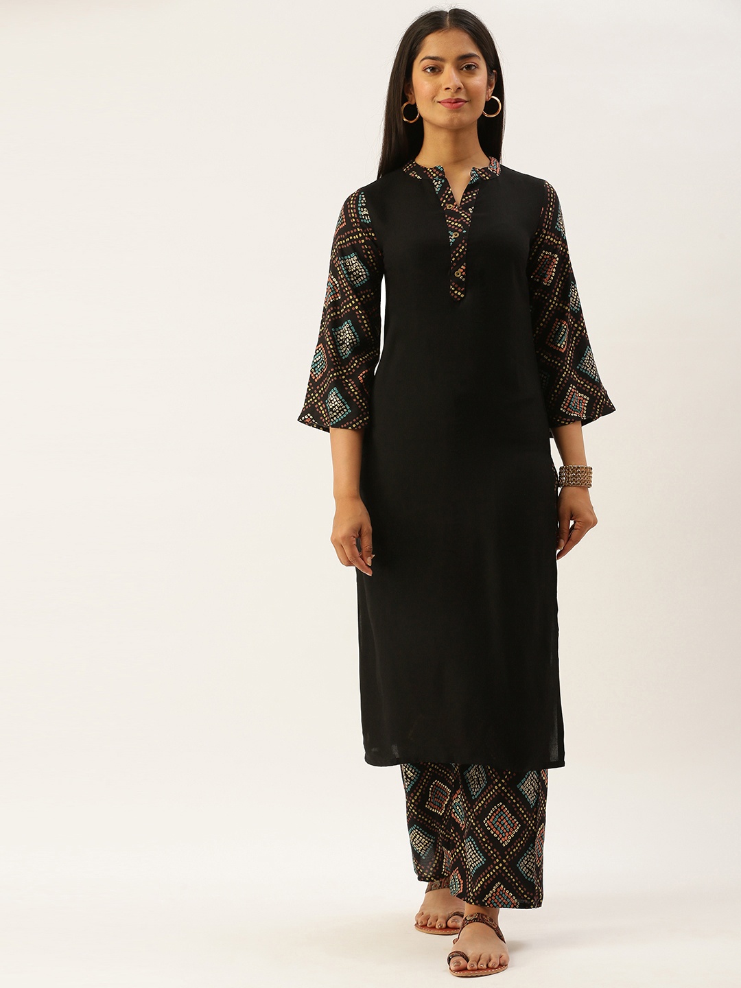 

SANISA Women Black & Blue Handloom Kurta with Printed Palazzos