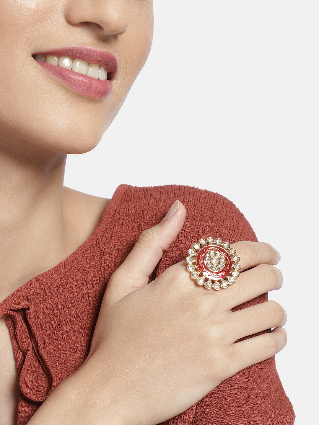 

I Jewels Gold-Plated White & Maroon Meenakari Studded Adjustable Finger Ring