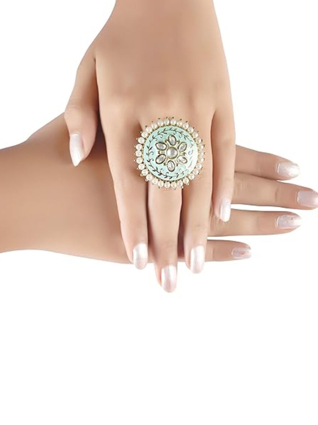 

I Jewels White & Mint Green Gold Plated Meenakari Studded Adjustable Finger Ring