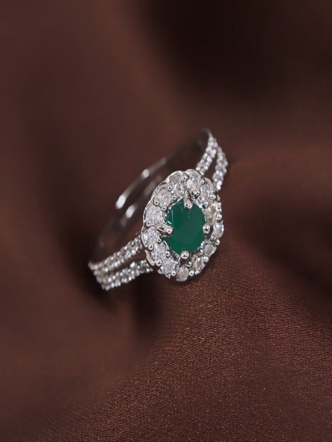 

I Jewels Green Silver Plated CZ Crystal Studded Handcrafted Adjustable Finger Ring