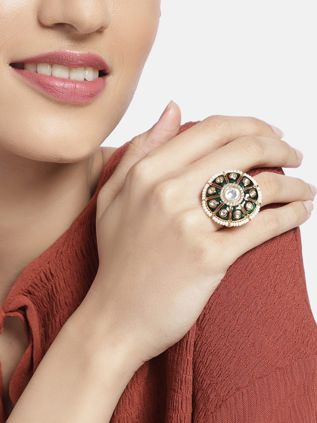 

I Jewels Gold Plated White & Green Meenakari Studded Adjustable Finger Ring