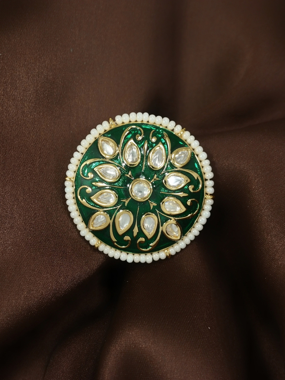 

I Jewels Gold Plated White & Green Meenakari Studded Adjustable Finger Ring