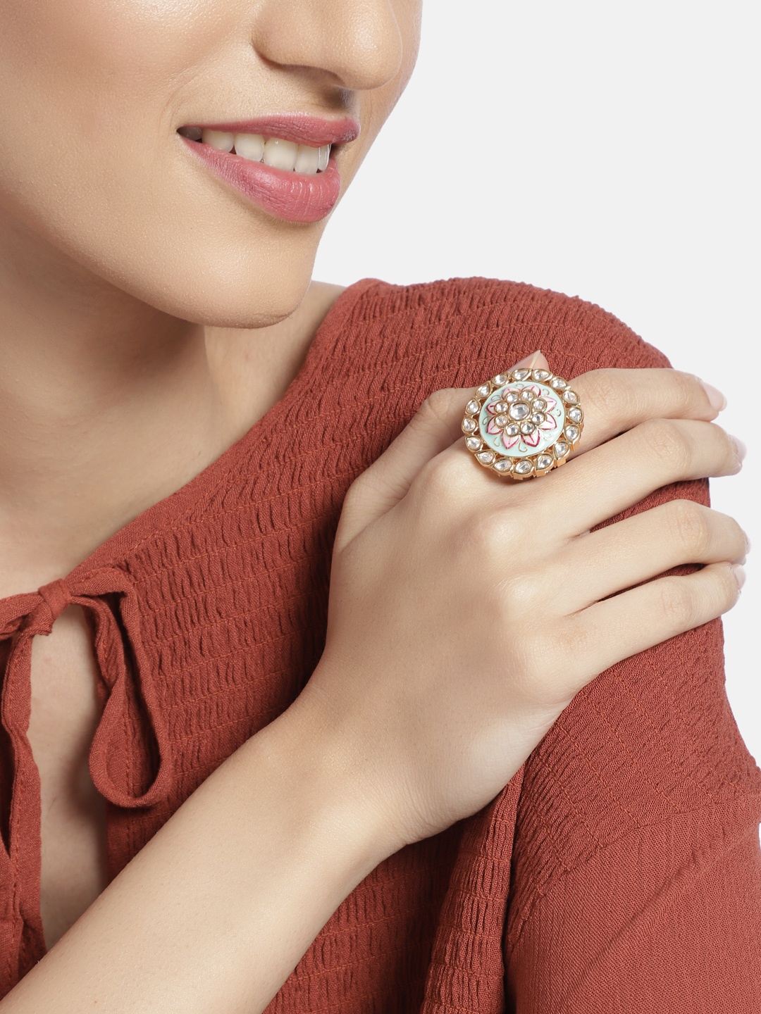 

I Jewels White & Sea Green Gold Plated Meenakari Studded Adjustable Finger Ring