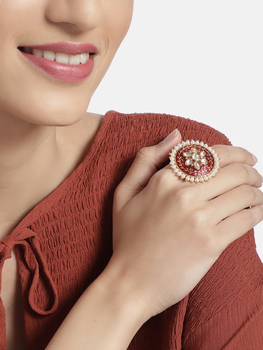 

I Jewels Red Gold Plated Meenakari Floral Adjustable Finger Ring