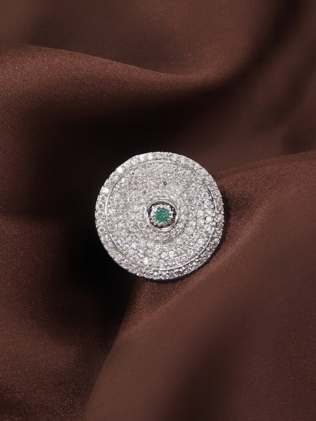 

I Jewels Green Green Silver Plated CZ Crystal Studded Handcrafted Adjustable Finger Ring