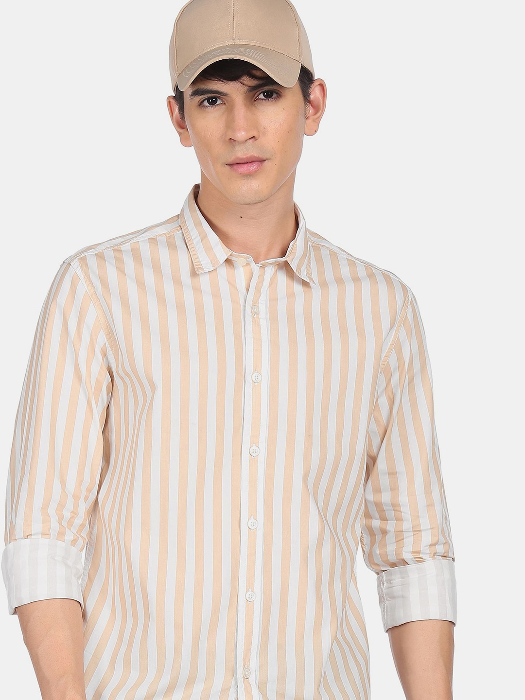 

Flying Machine Men Peach-Coloured Regular Fit Striped Casual Shirt