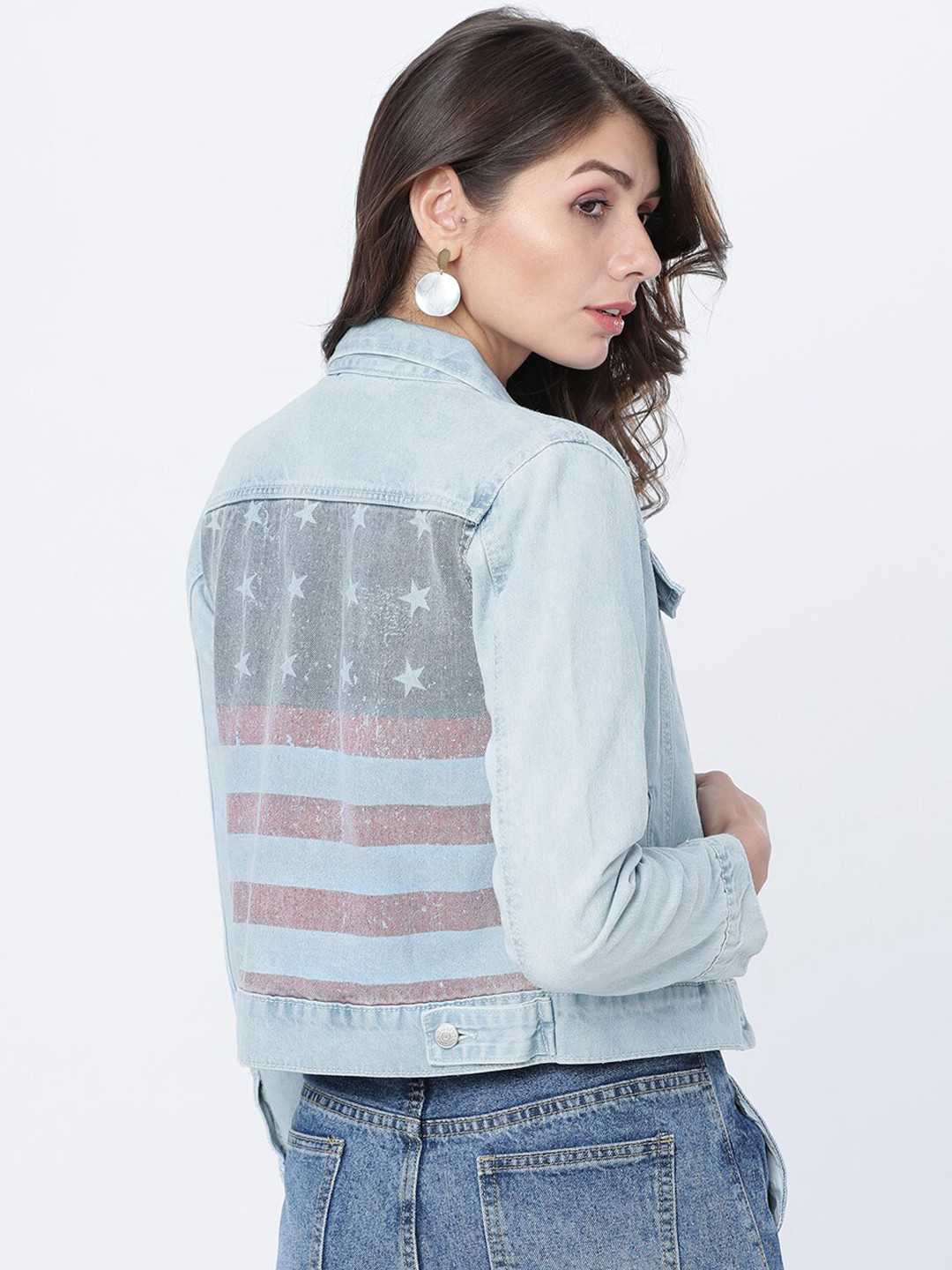 

Tokyo Talkies Women Blue Printed Cotton Denim Jacket