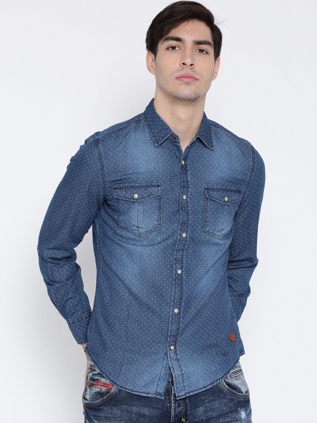 

ALCOTT Blue Washed Dot Print Denim Shirt