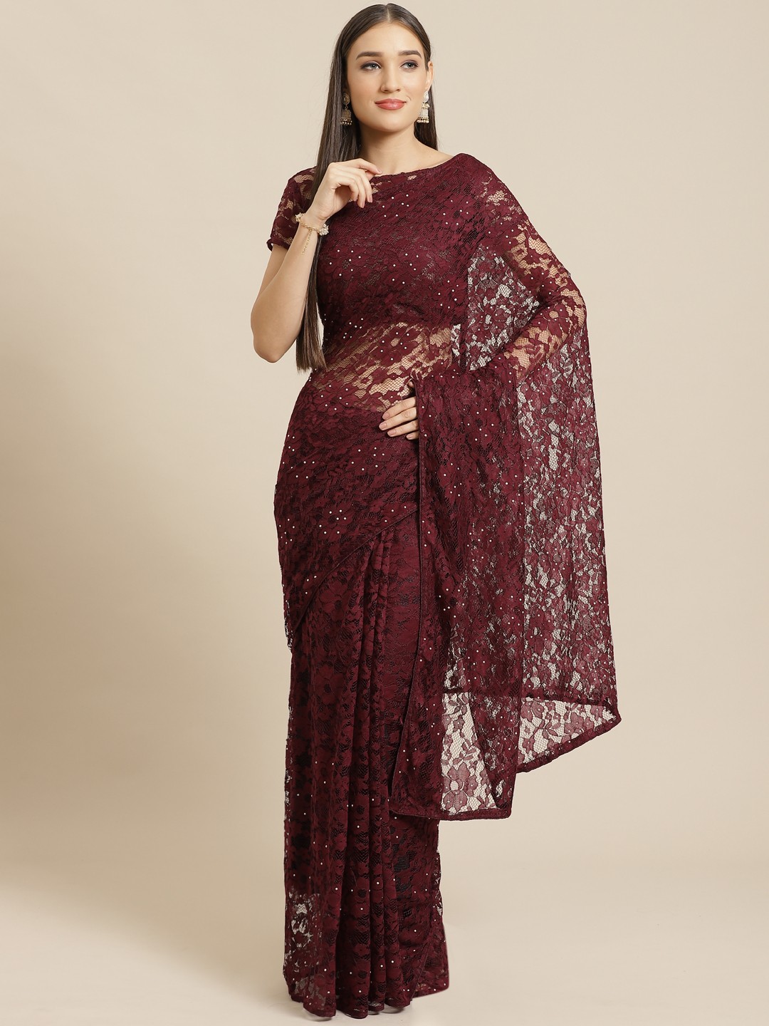 

Saree mall Burgundy Lace Beaded Saree