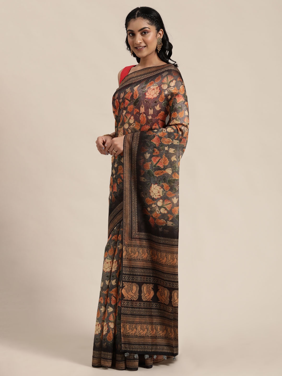 

Rajnandini Grey & Black Silk Cotton Printed Saree