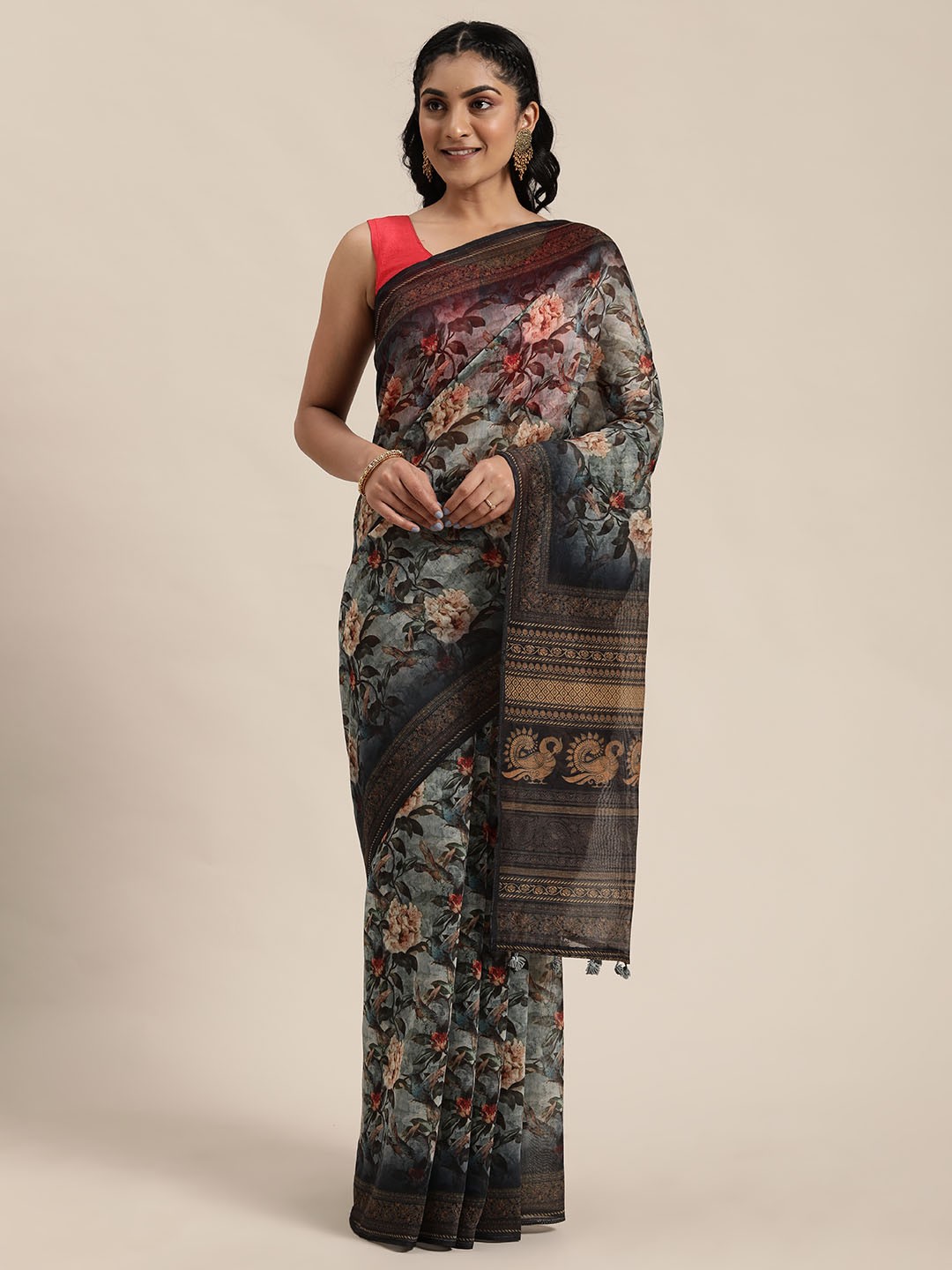 

Rajnandini Grey & Blue Silk Cotton Printed Saree