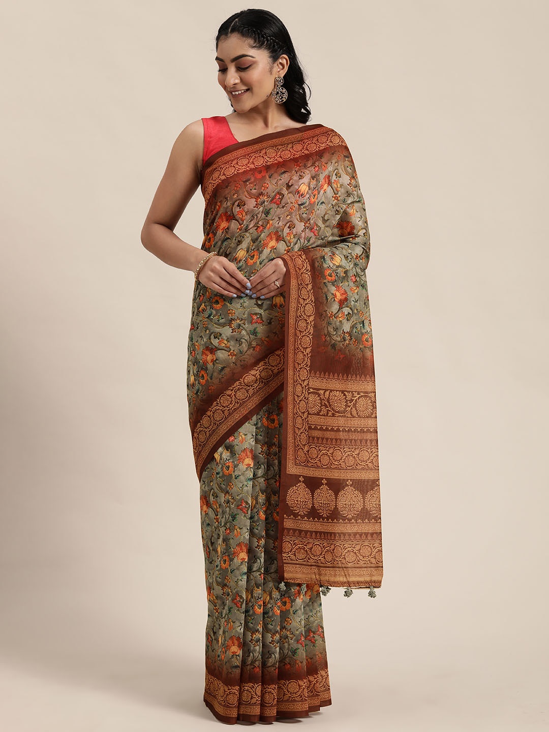 

Rajnandini Grey & Brown Kalamkari Printed Saree