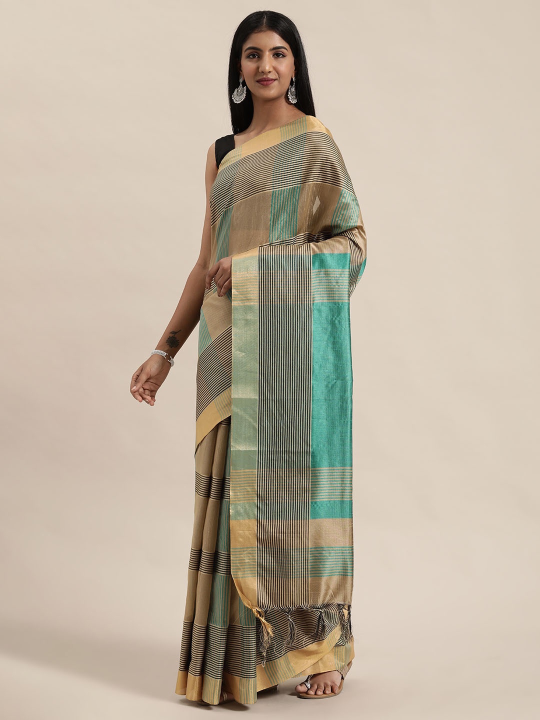 

Rajnandini Green & Beige Silk Cotton Striped Saree