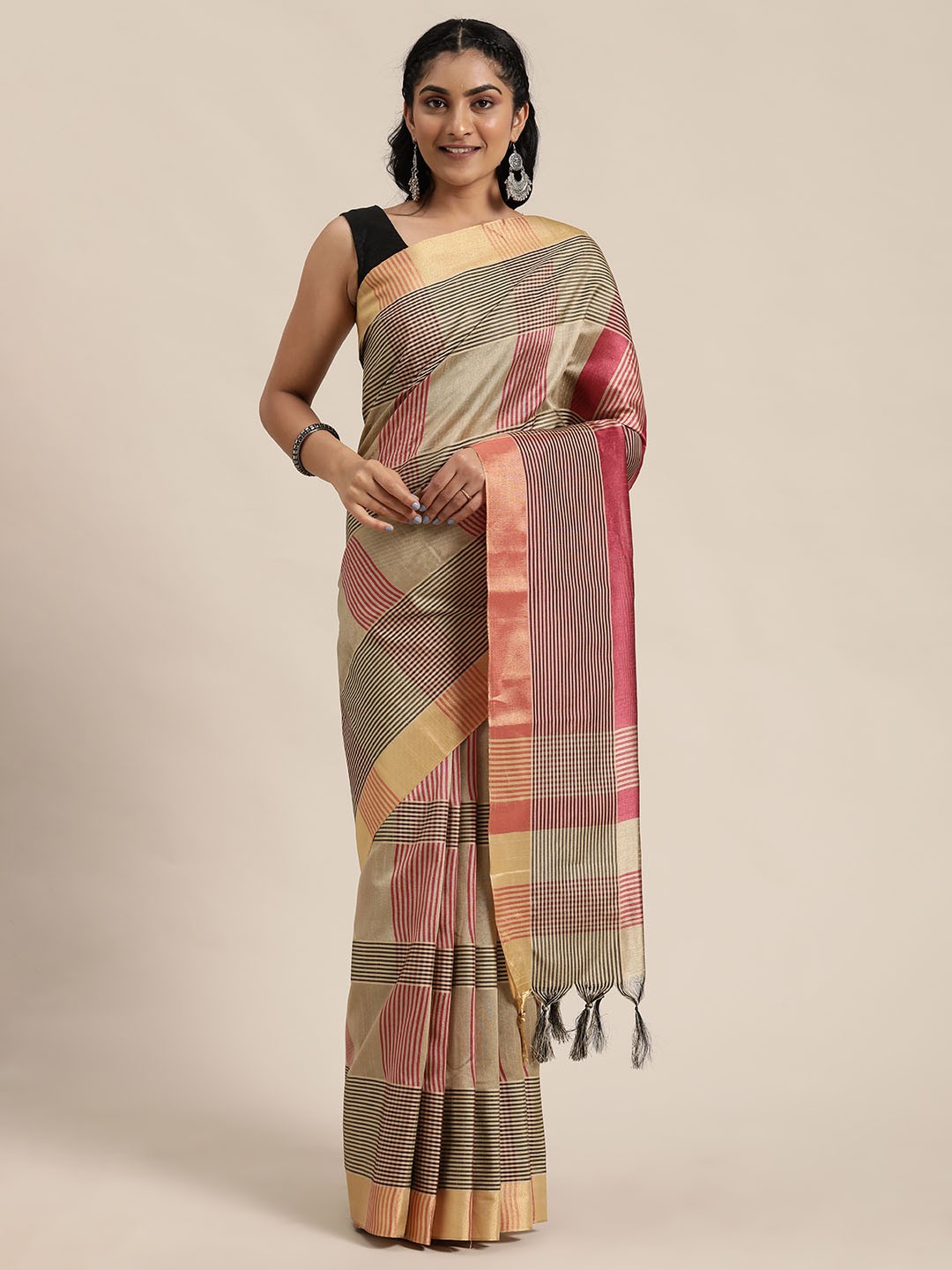 

Rajnandini Pink & Beige Silk Cotton Printed Saree