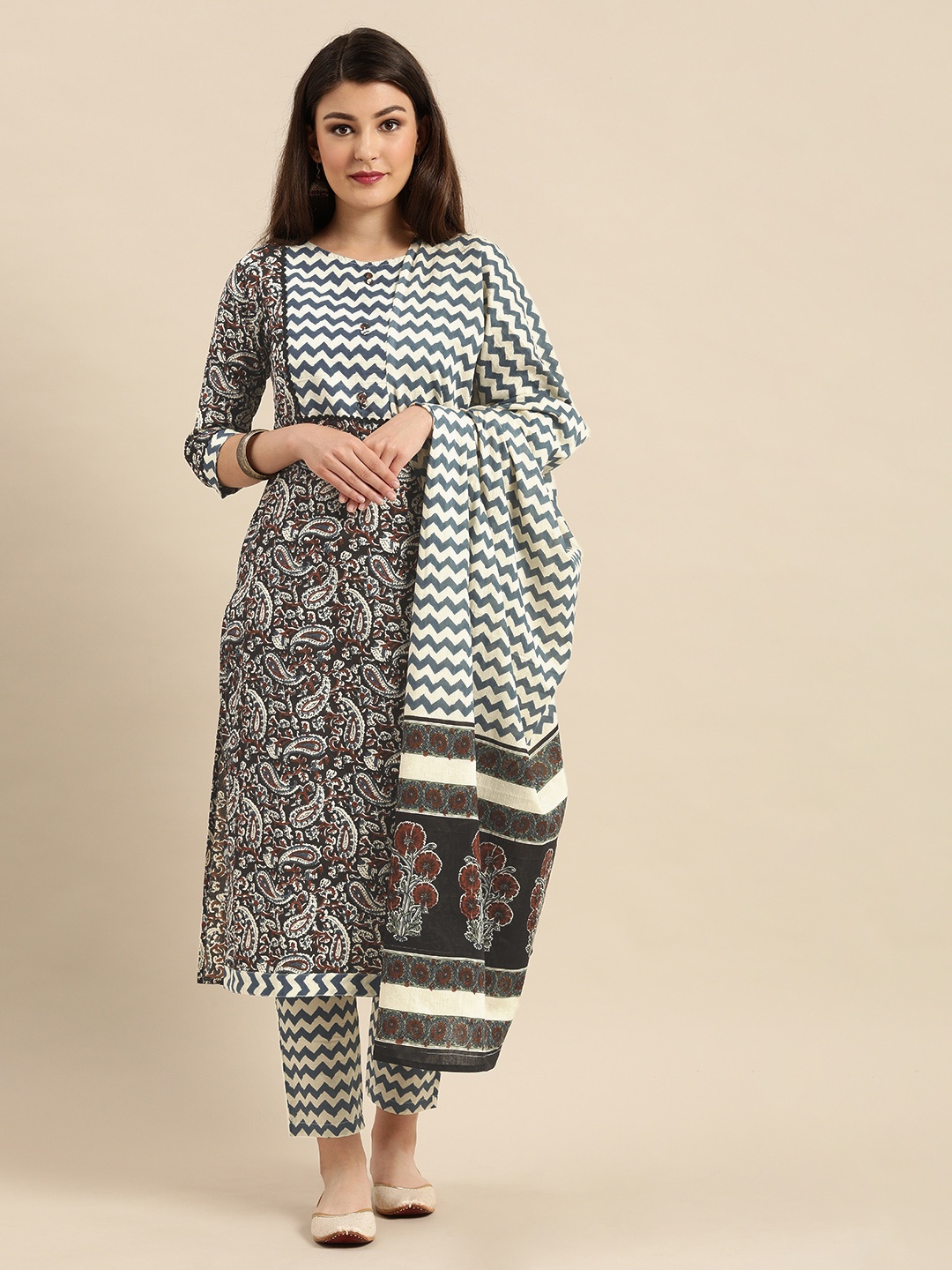 

Rajnandini Women Black & Off-White Pure Cotton Paisley Print Kurta with Trousers & Dupatta