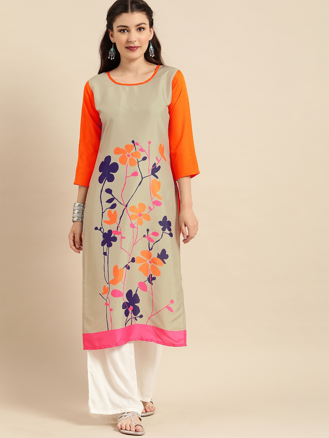 

Rajnandini Women Beige & Orange Floral Printed Crepe Kurta