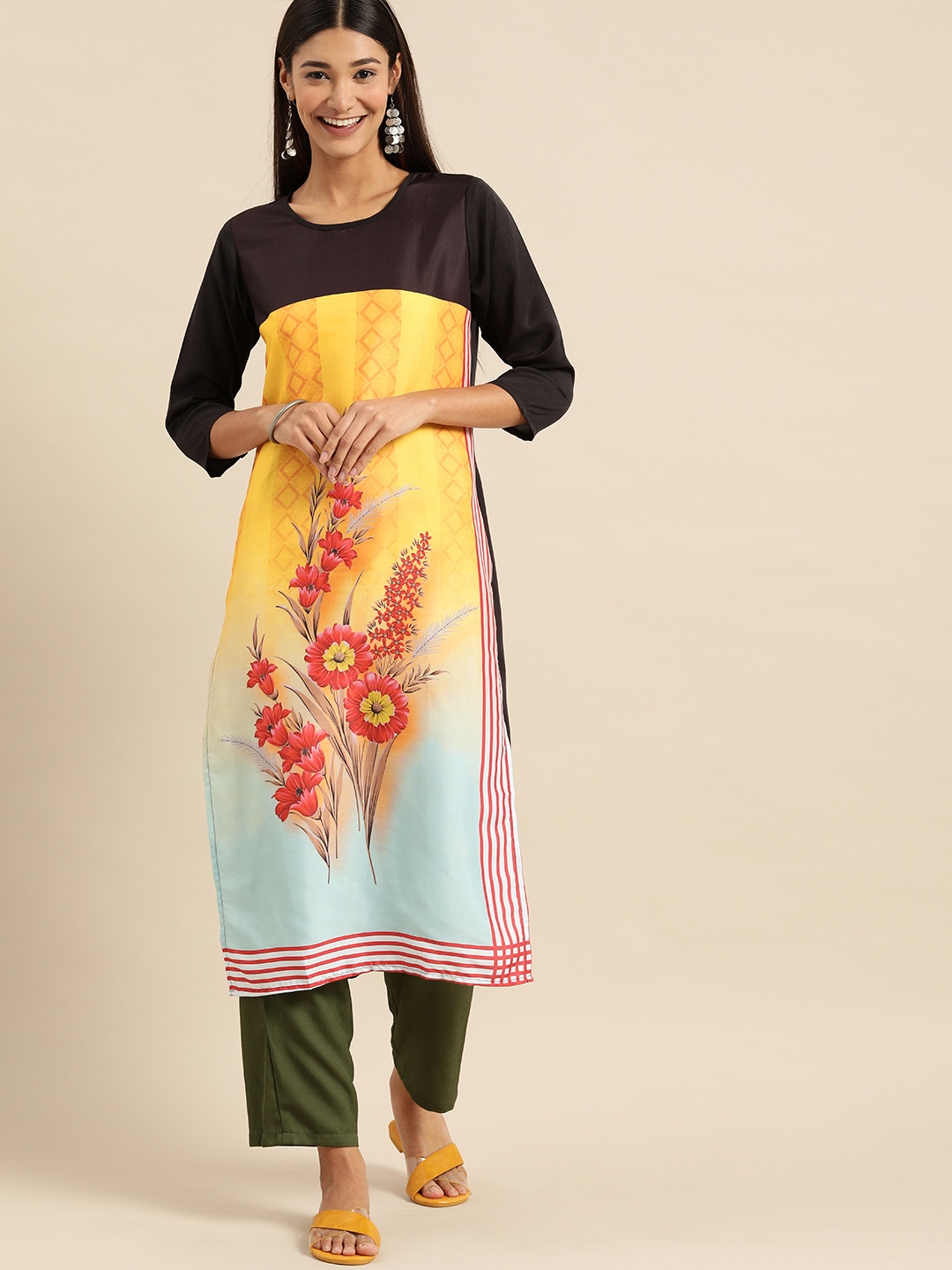 

Rajnandini Women Black & Yellow Floral Printed Crepe Kurta