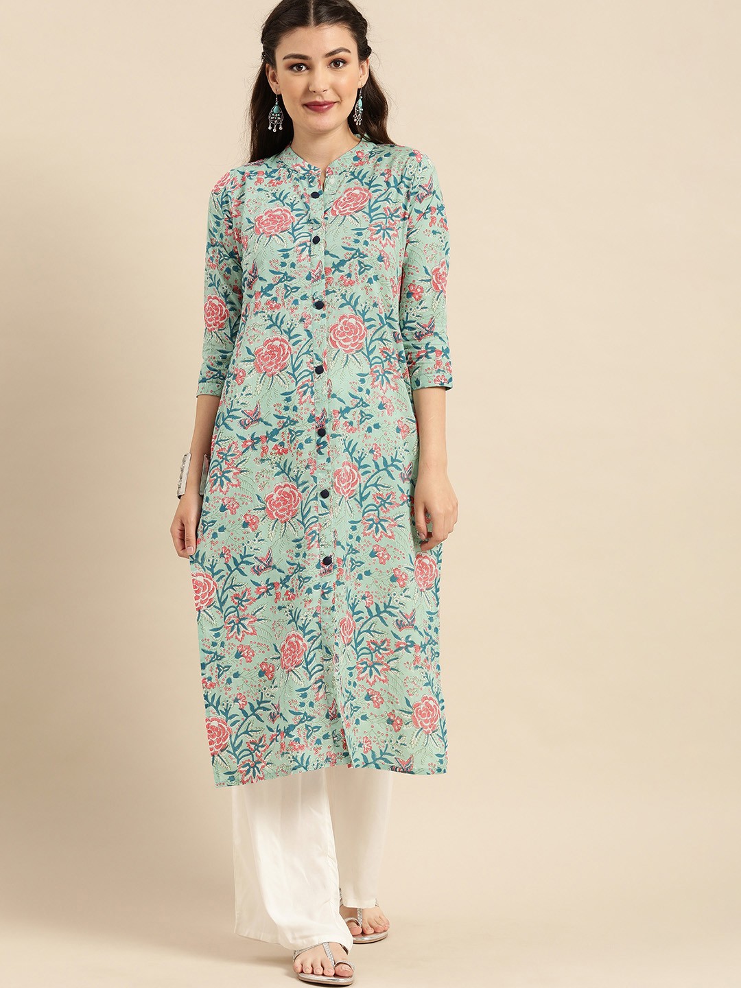 

Rajnandini Women Blue & Pink Floral Printed Kurta