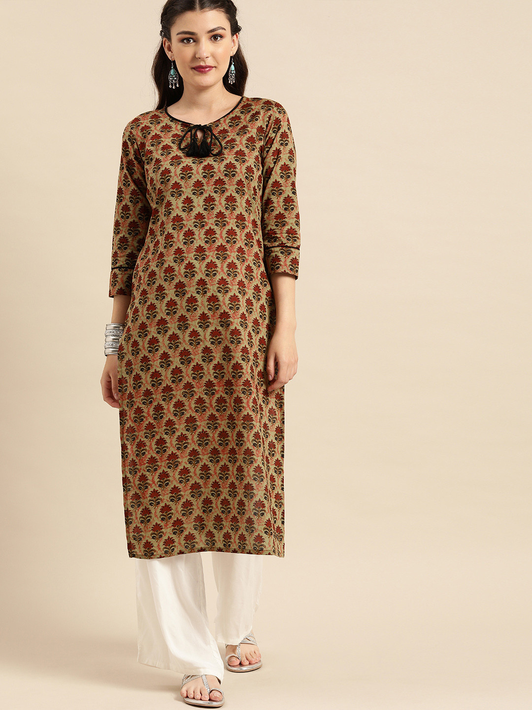 

Rajnandini Women Beige & Brown Floral Printed Tie-Up Neck Kurta
