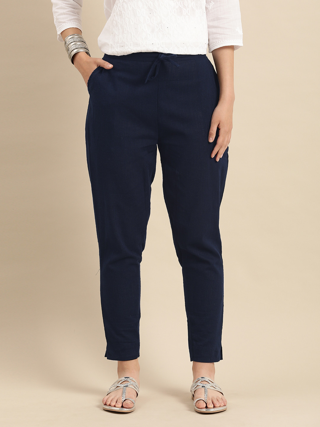

Rajnandini Women Navy Blue Relaxed Straight Leg Solid Regular Trousers