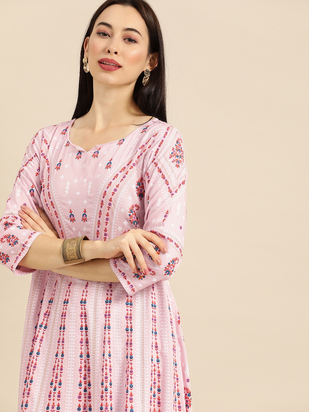 

Varanga Women Pink & White Floral Ankle Length A-Line Kurta