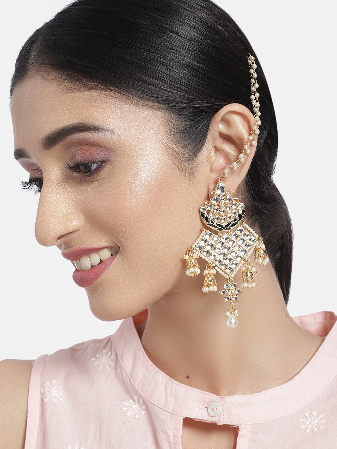 

I Jewels Gold Plated Kundan Classic Drop Earrings With Ear Chains