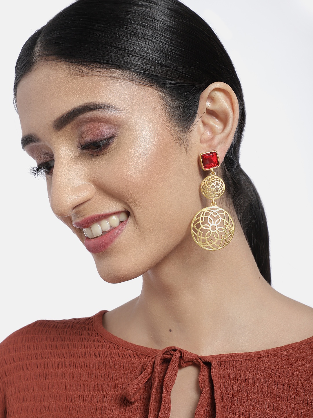 

I Jewels Red Gold-Plated Circular Drop Earrings