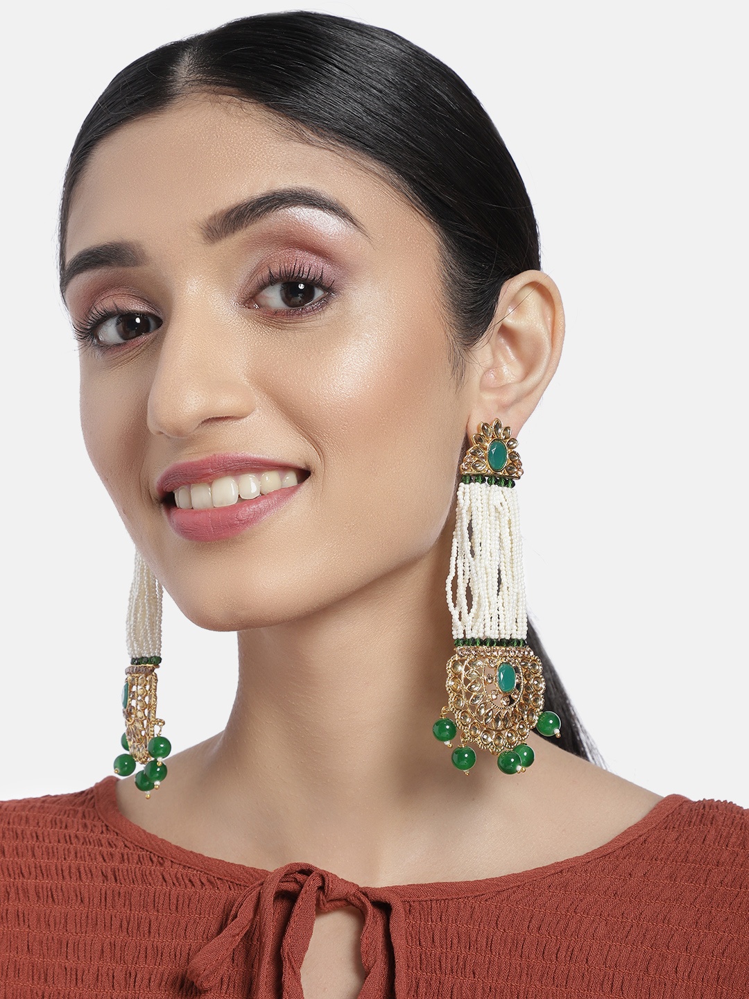 

I Jewels Green Gold-Plated Beaded Classic Chandelier Drop Earrings