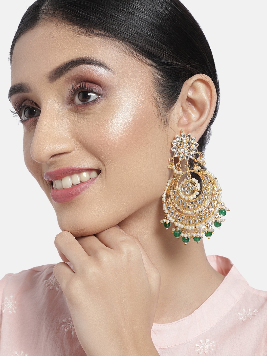

I Jewels Green Gold-Plated Studded Crescent Shaped Chandbalis