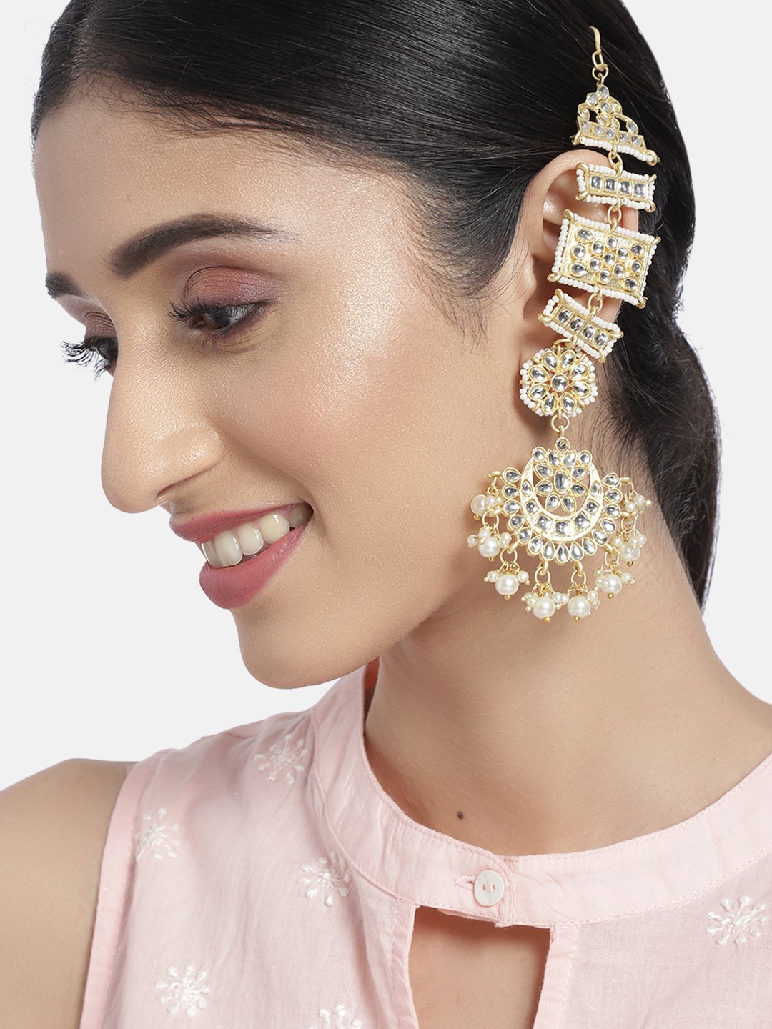 

I Jewels White Gold Plated Matte Finish Kundan Chandbalis
