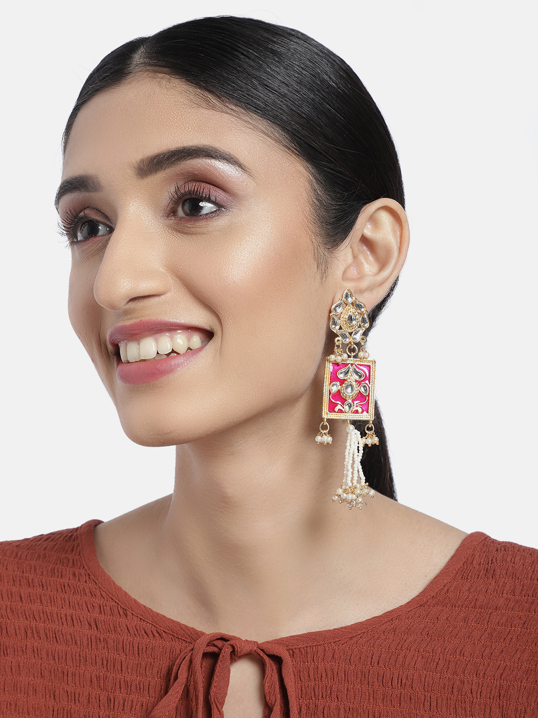 

I Jewels Pink Gold-Plated Enamelled Square Shaped Drop Earrings