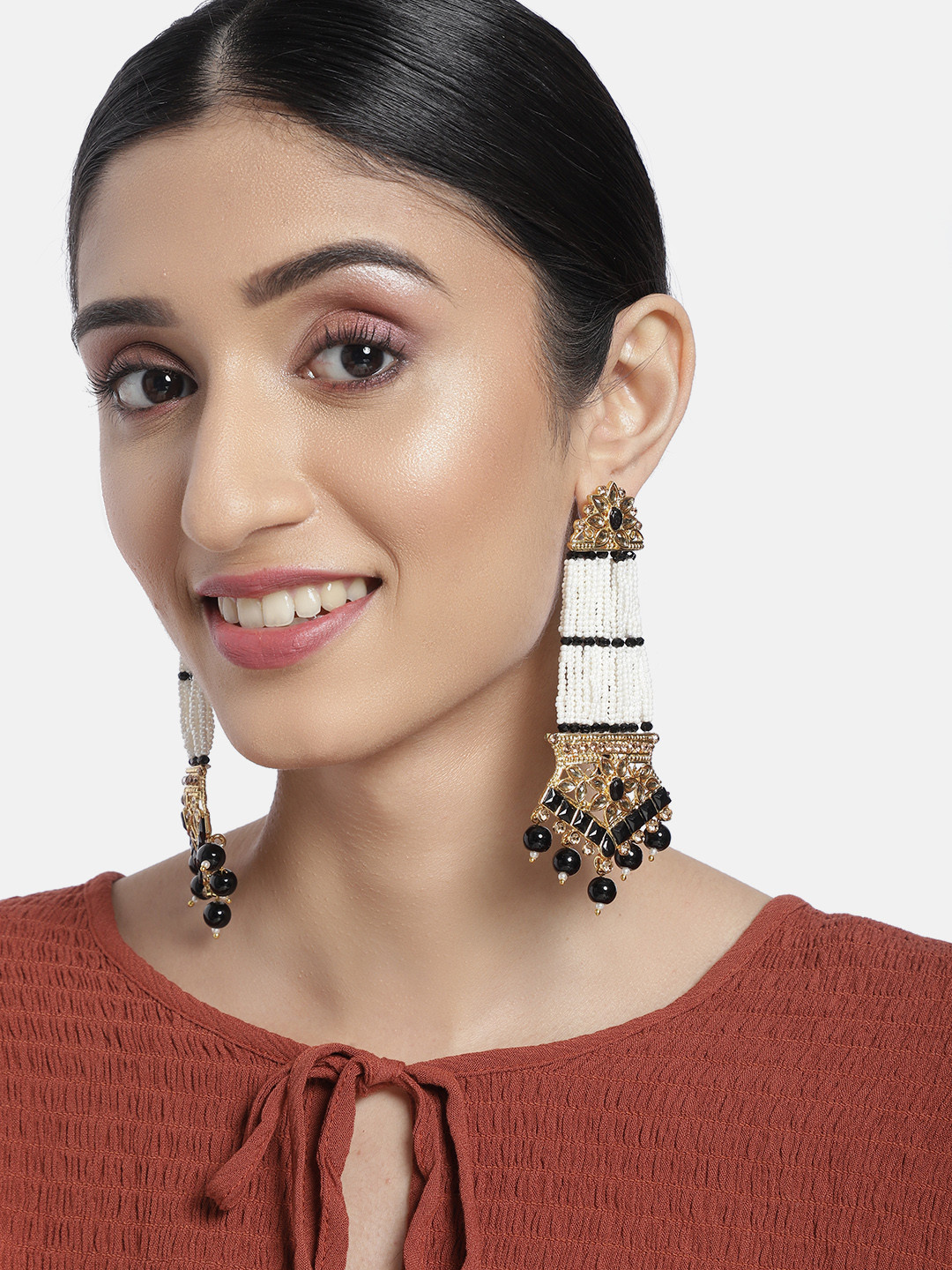 

I Jewels Black Gold-Plated Beaded Classic Chandelier Drop Earrings