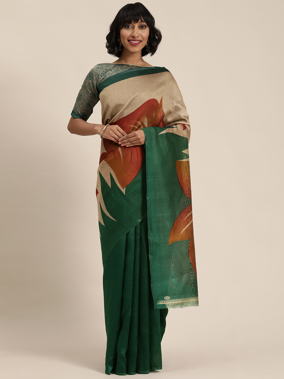 

Florence Cream-Coloured & Green Printed Saree