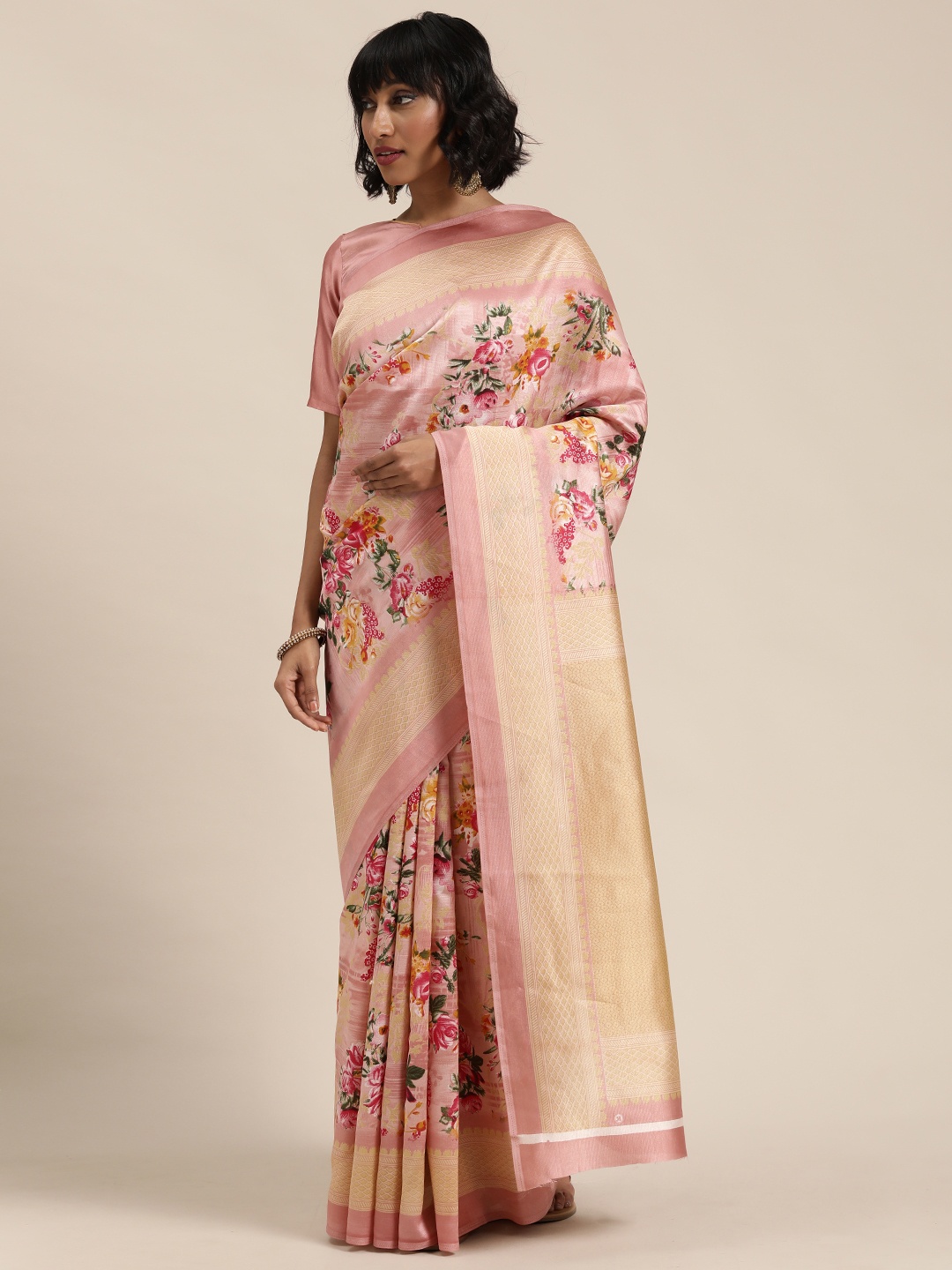 

Florence Pink & Golden Floral Printed Saree