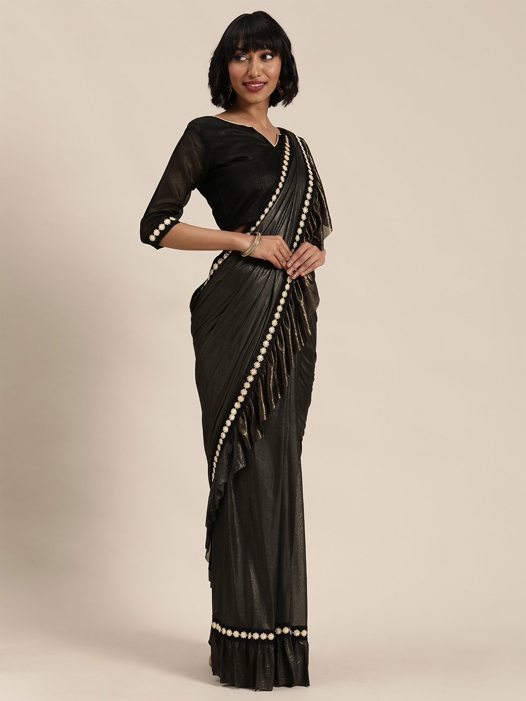 

Florence Black Solid Sheen Effect Ruffle Saree