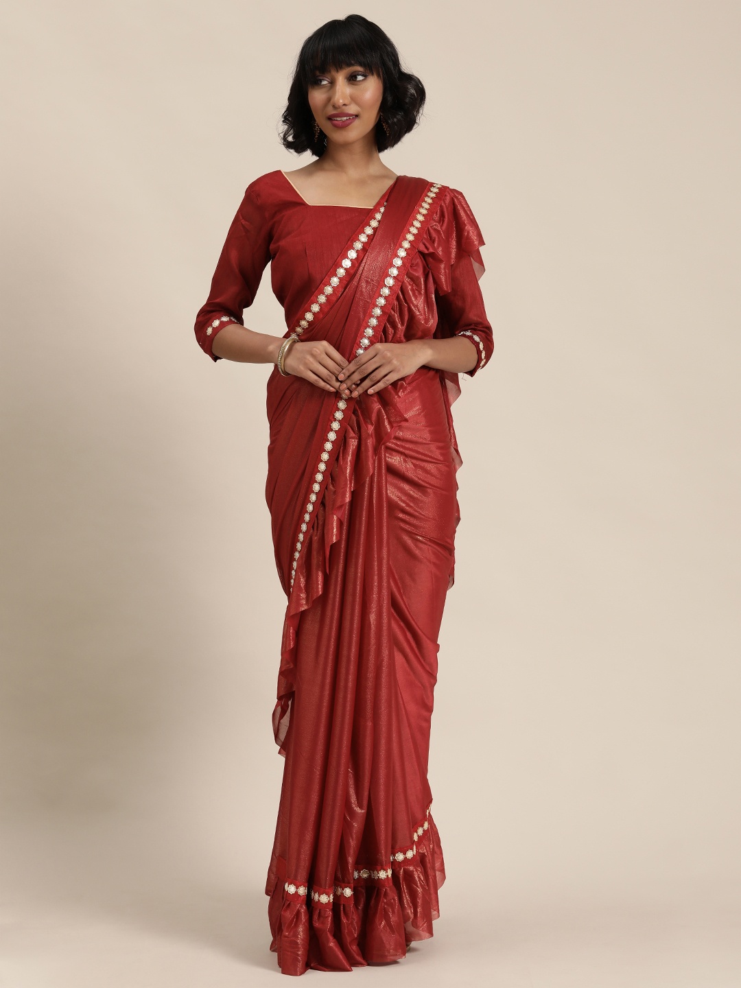 

Florence Maroon Solid Ruffle Saree