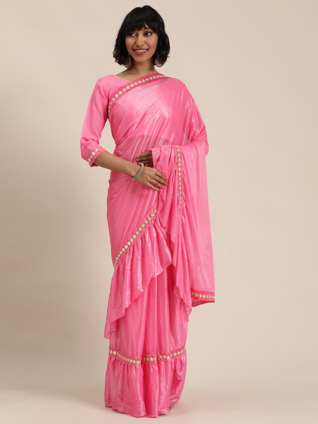 

Florence Pink Solid Voile Ruffled Saree