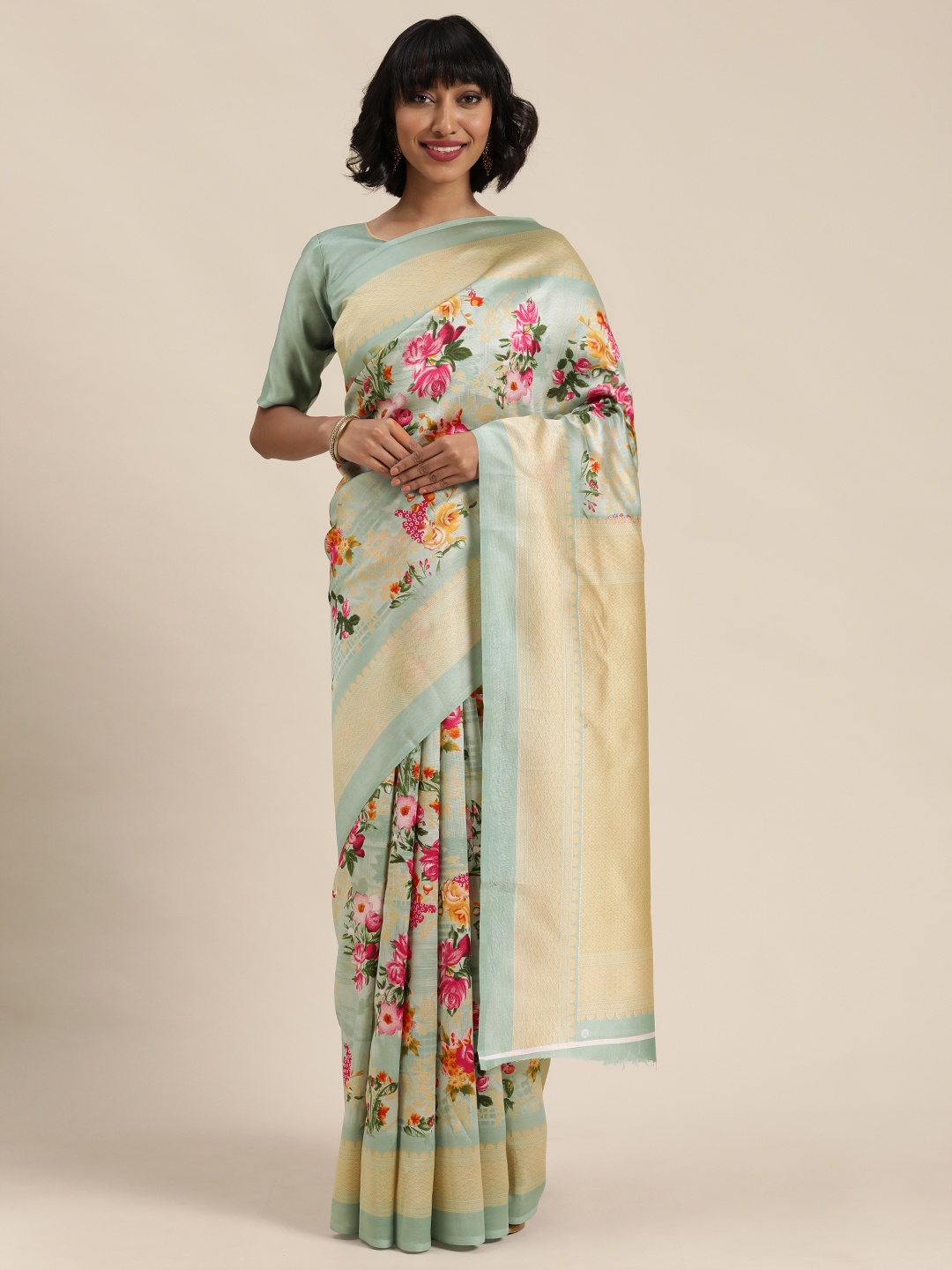 

Florence Pastel Blue & Pink Floral Printed Saree
