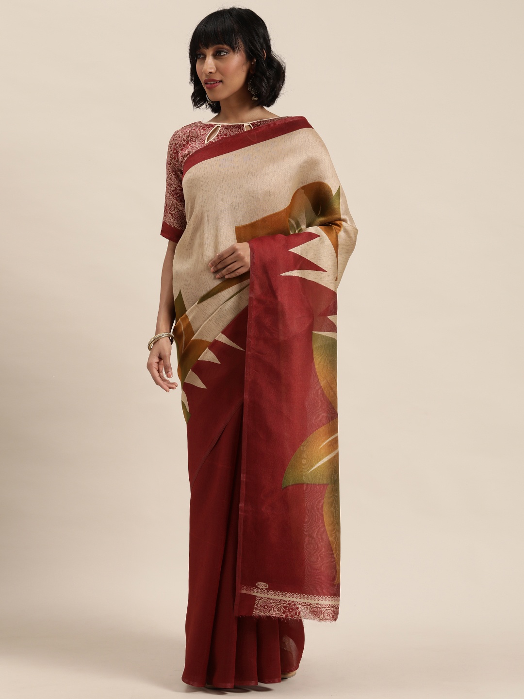 

Florence Cream-Coloured & Maroon Floral Printed Saree