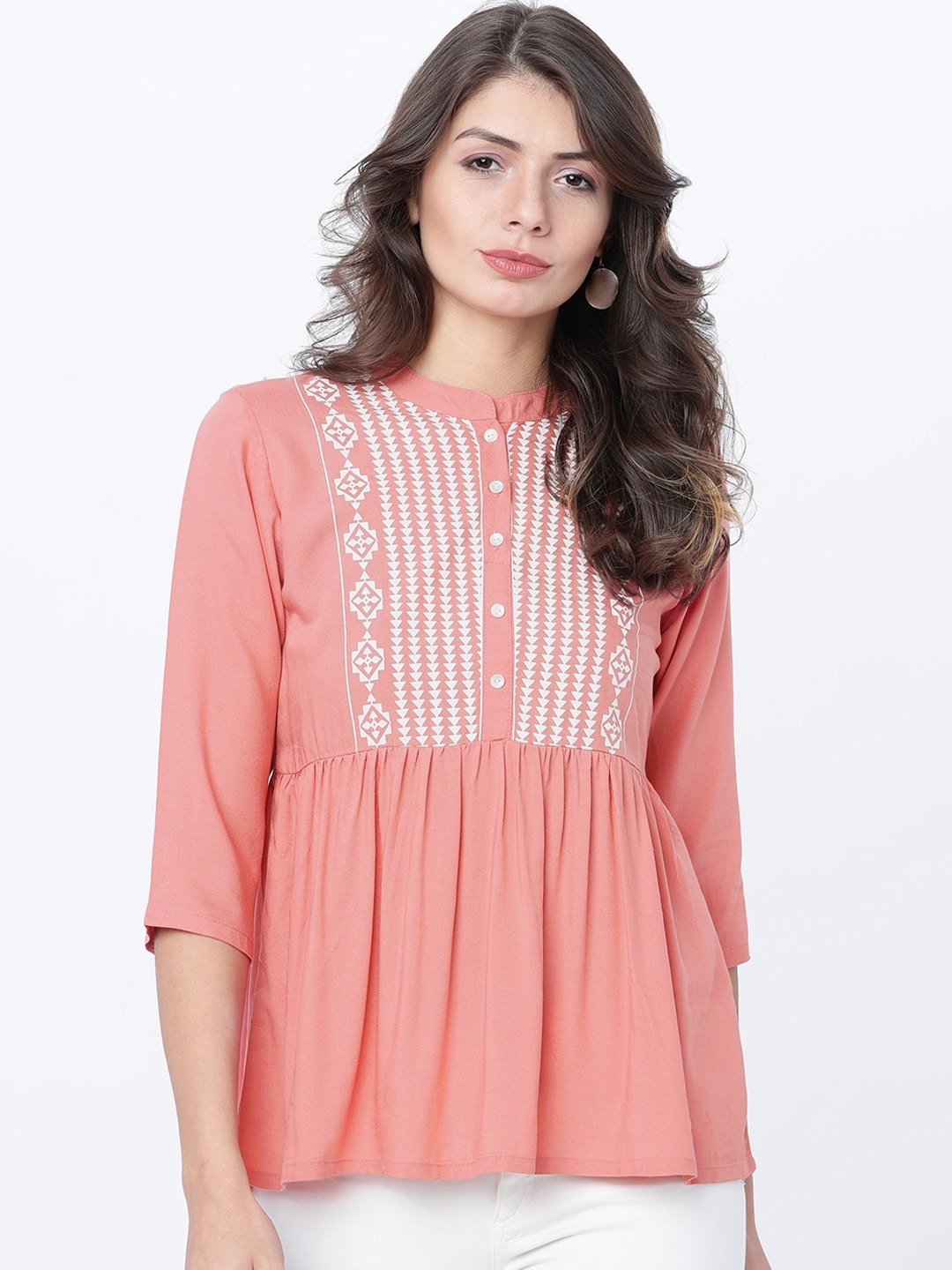 Vishudh Women Coral Peach Printed A-Line Top