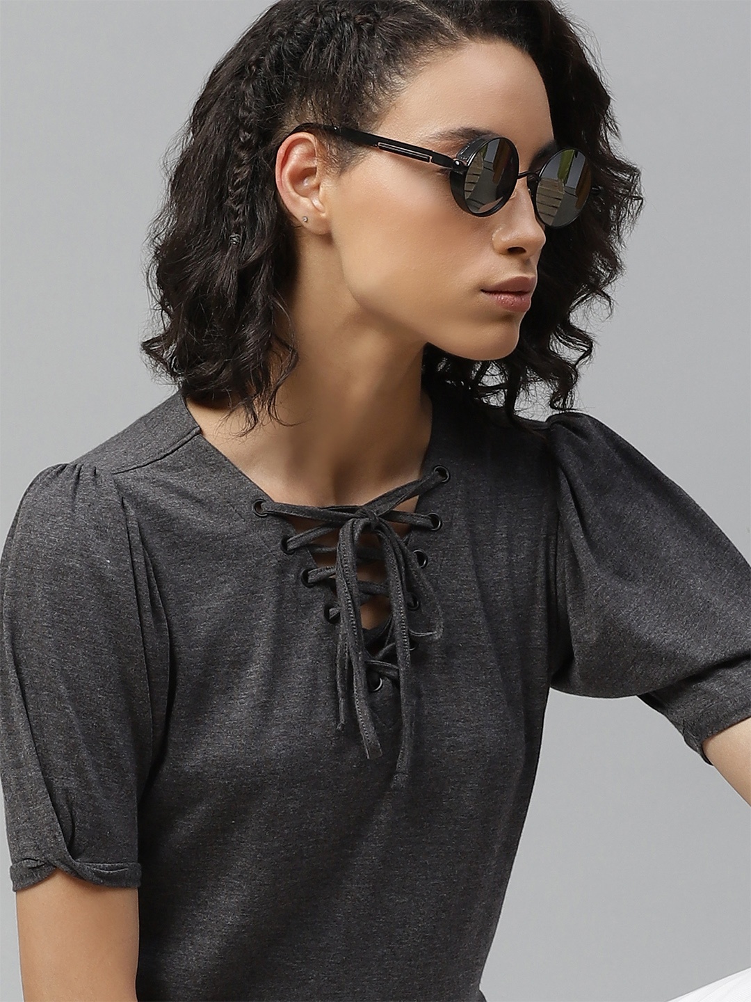

The Roadster Lifestyle Co Charcoal Grey Tie-Up Neck Puff Sleeve Regular Top