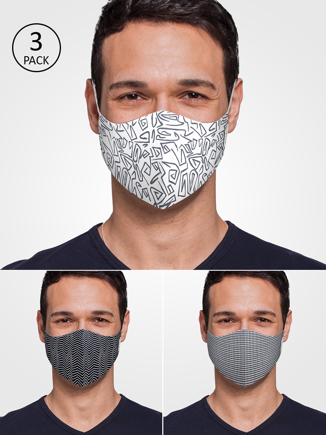 

DDecor men Anti Viral Pack of 3 Printed 3-Ply Reusable Cloth Masks, Black