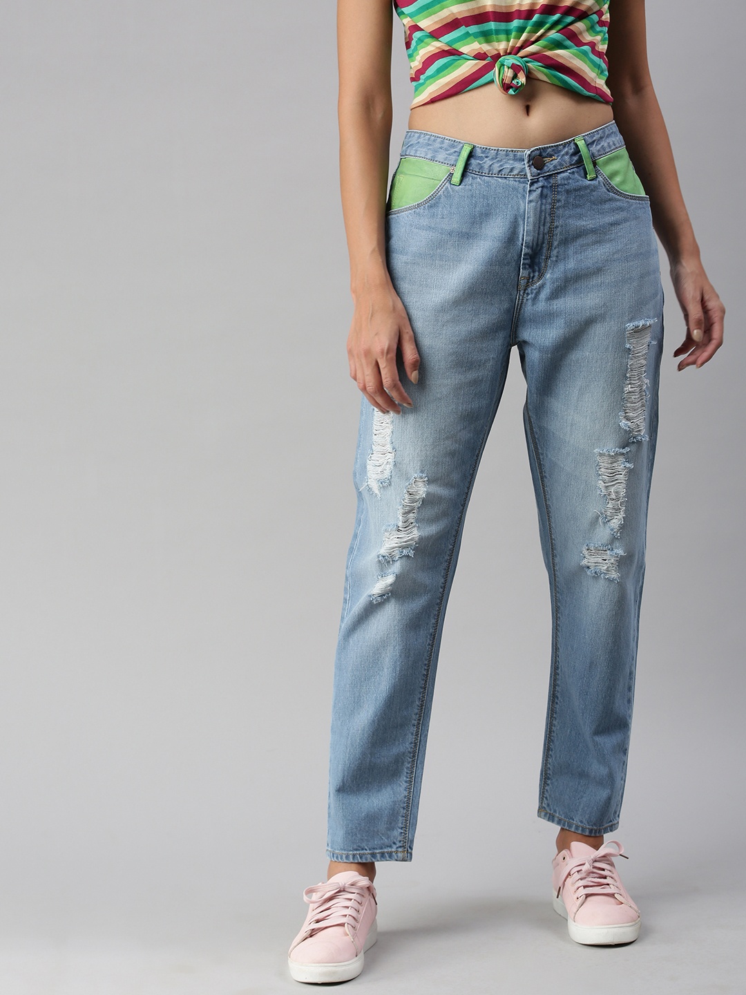 

HERE&NOW Women Blue Boyfriend Fit High-Rise Highly Distressed Light Fade Jeans