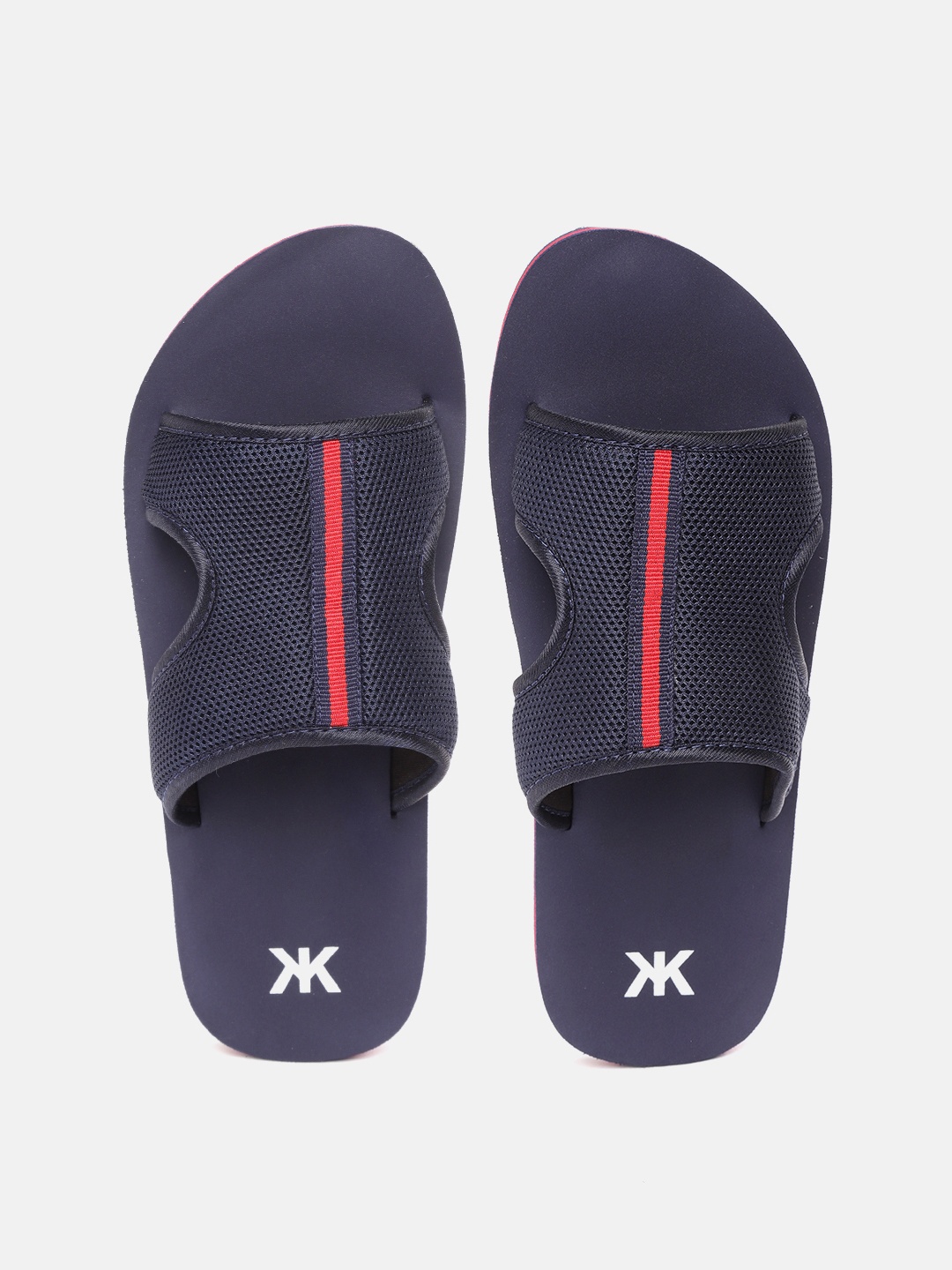 

Kook N Keech Men Navy Blue & Red Self Design Sliders with Cut Out Detail