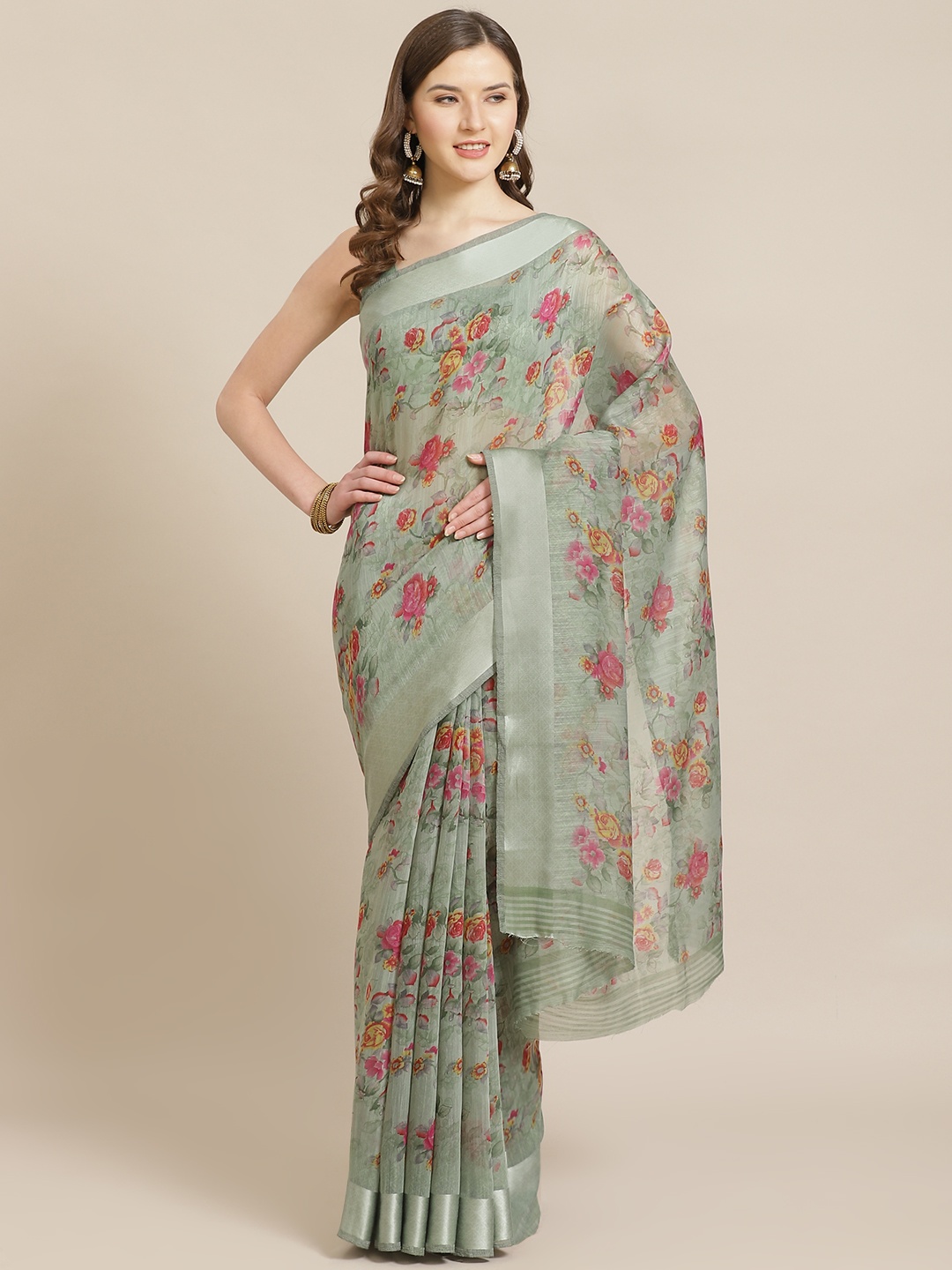 

SHANGRILA Green & Pink Floral Block Print Saree