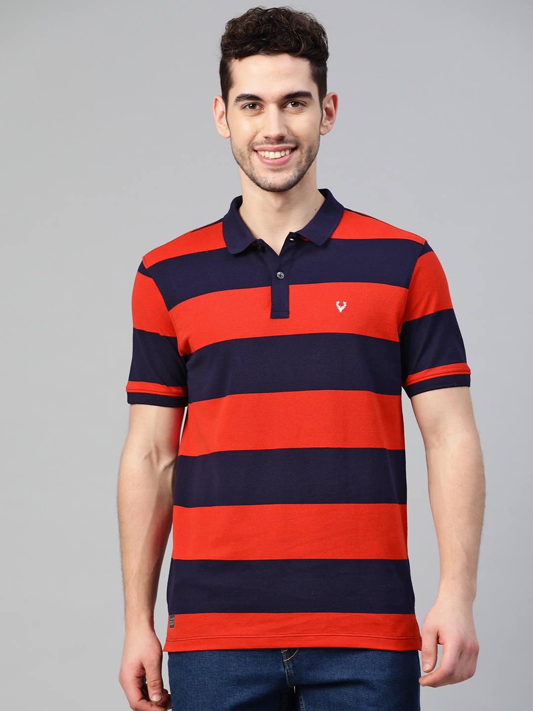 

Allen Solly Sport Men Red & Navy Blue Striped Polo Collar T-shirt