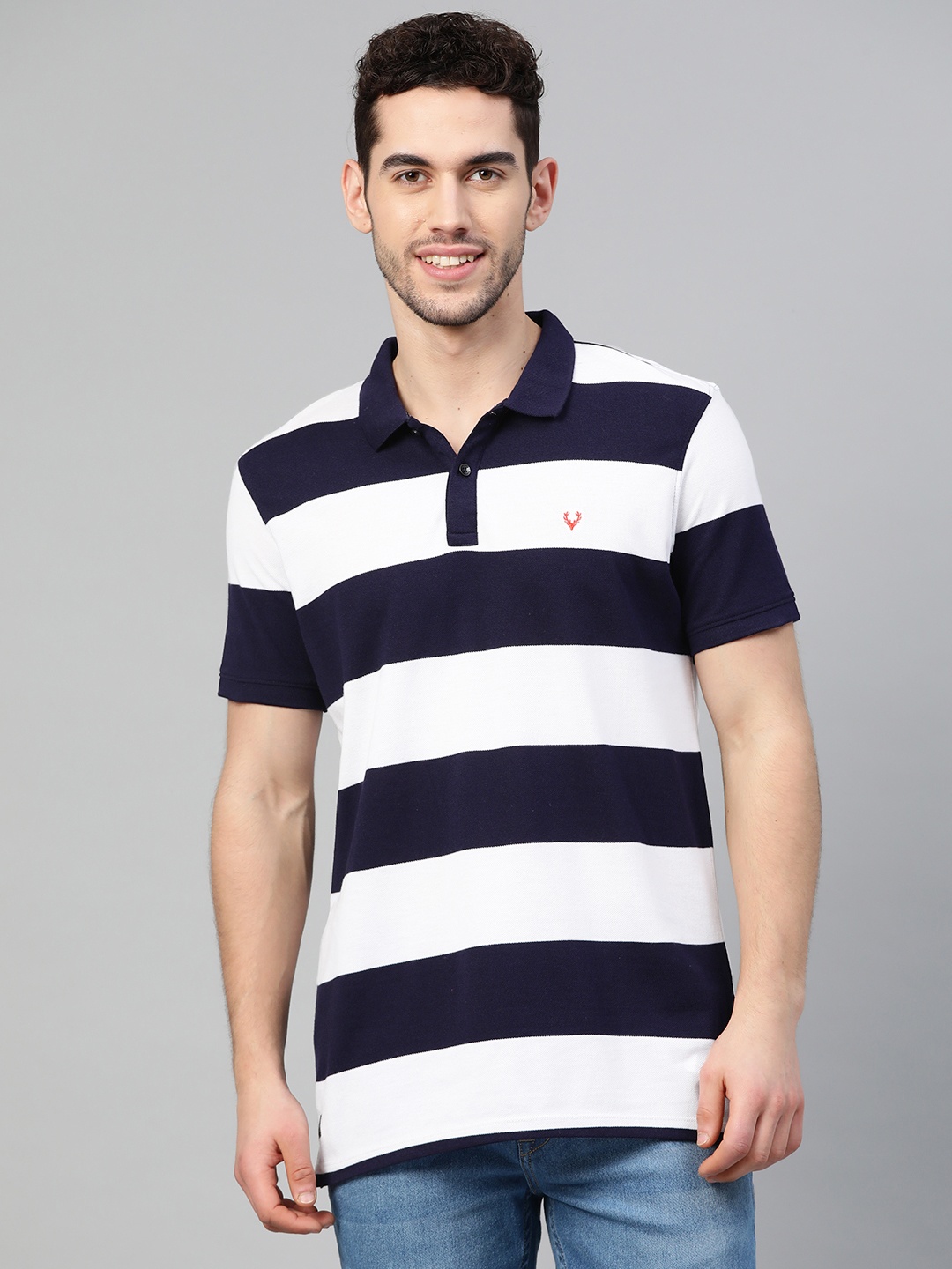 

Allen Solly Sport Men Navy & White Striped Polo Collar T-shirt, Navy blue